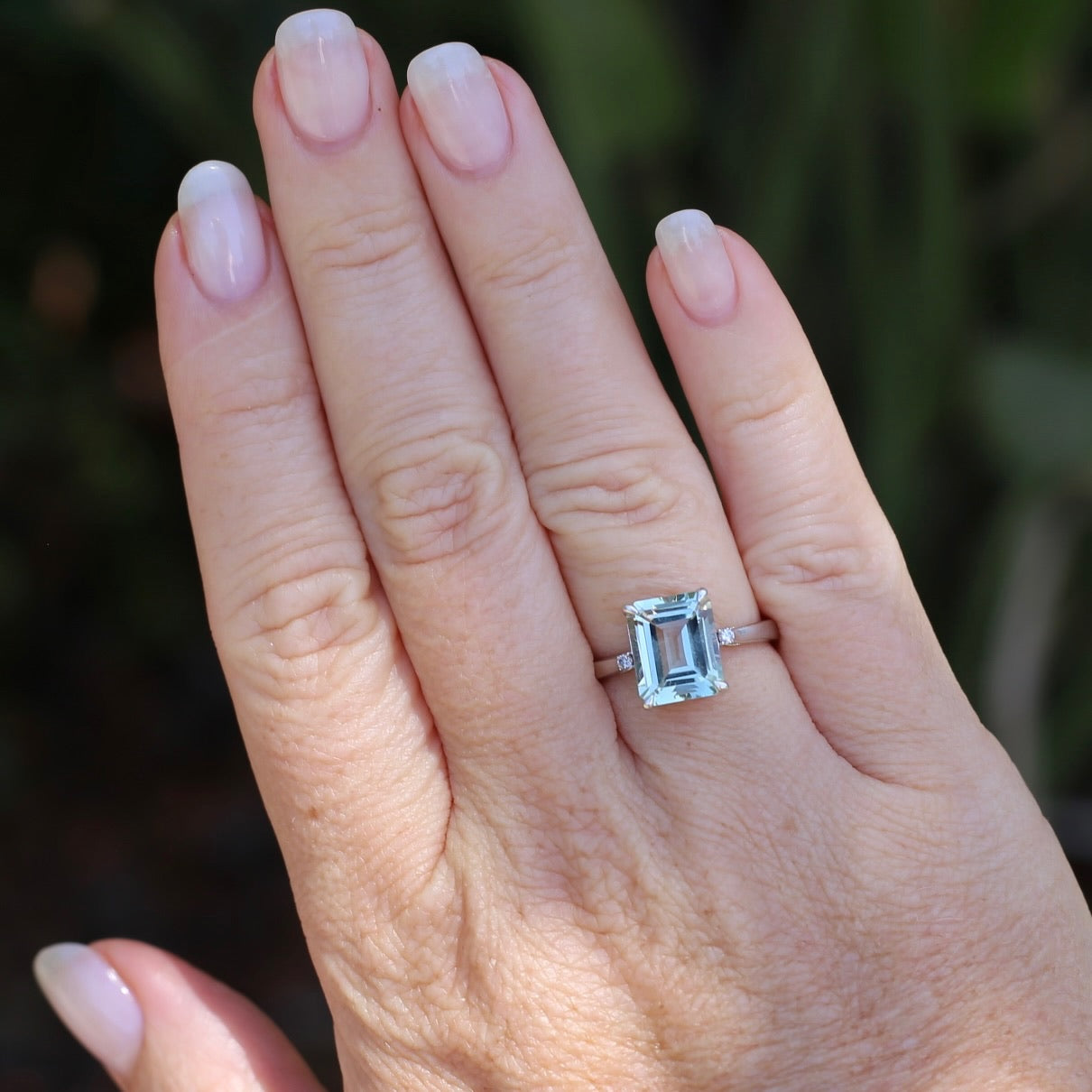 Emerald Cut Prasiolite and Diamond Ring, 9ct White Gold, size P or 7.75