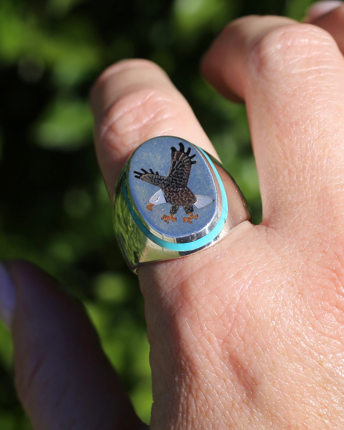 Navajo Artist Benjamin Becenti Inlaid Mother of Pearl and Turquoise Eagle Ring, Sterling Silver, size X1/2 or 11.75