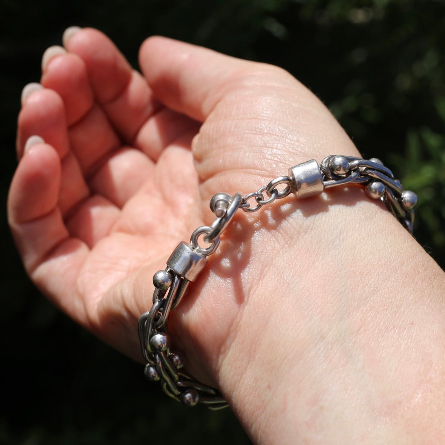 Chunky Silver Bracelet with Overlapping Loops and Dot Ball Detail, 45.3g