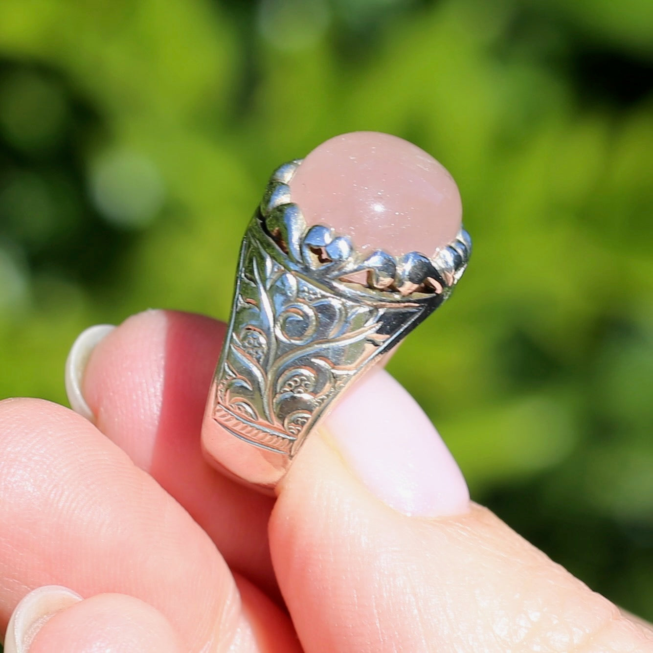 Rose Quartz Cabochon Ring, Sterling Silver, size O or 7.25