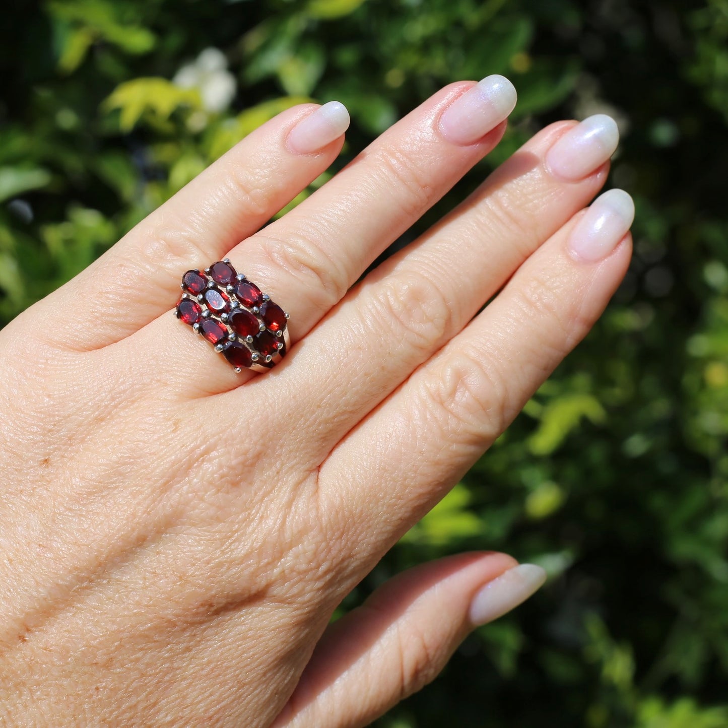 10 x Garnet Multi Stone East West Set Ring, Sterling Silver, size M1/2 or 6.5