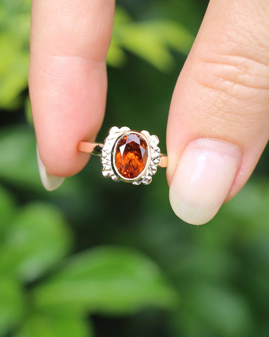 Custom Cut 3.54ct Oval Whiskey Brown Zircon, Bezel Set, 9ct Yellow Gold Birmingham Made 1994 Ring, size P or 7.75