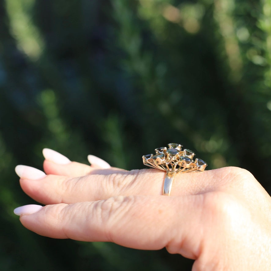 Brutalist Natural Green Sapphire Retro Ring, 14ct Yellow Gold, size 8 or Q