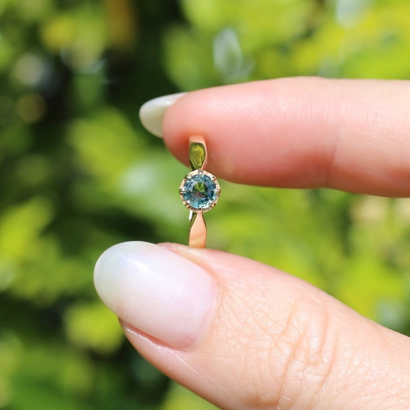 Seafoam Sapphire Solitaire in 8 Claw Setting, 9ct Yellow Gold, size L or just under 5.5