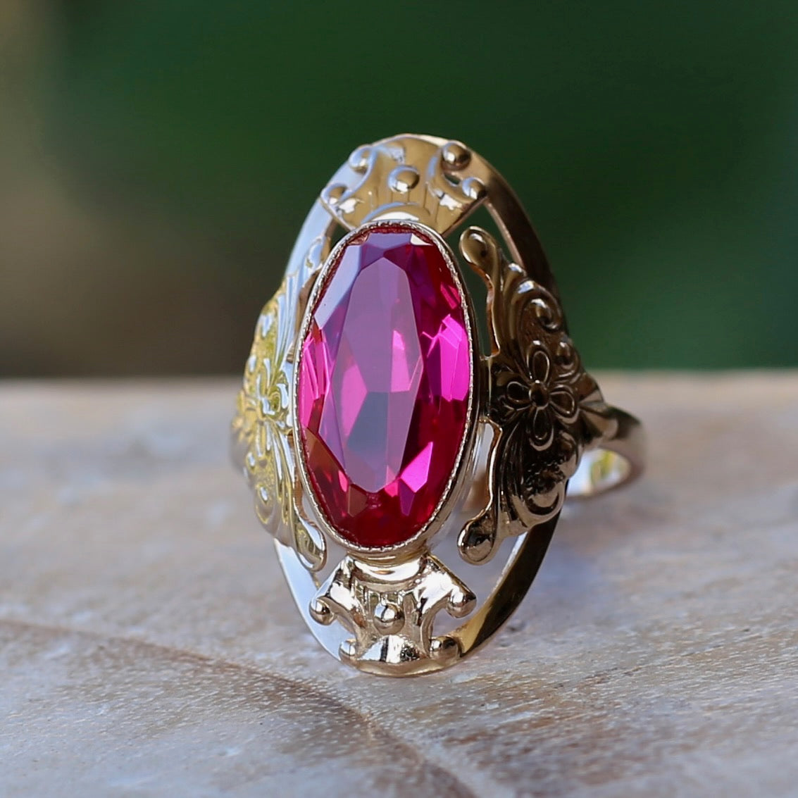 Mid Century Russian Oval Synthetic Ruby in Rosey Gold Floral Setting, 14ct Old Rosey Gold, size N1/2 or 7