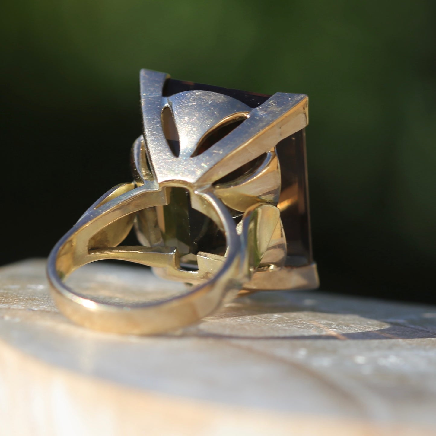 Mid Century 36ct Princess Cut Smoky Quartz Cocktail Ring, 9ct Yellow Gold, size N1/2 or 6.75