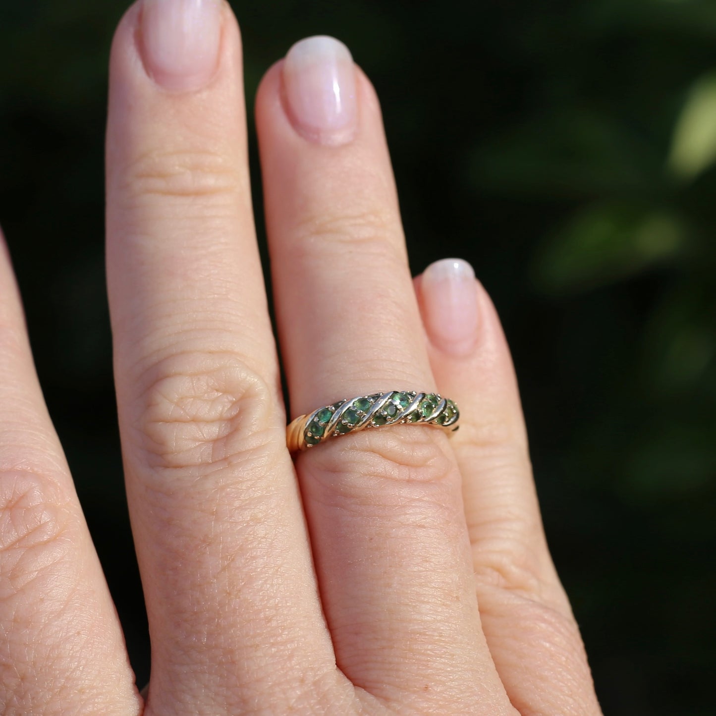 On hold Green Chrome Diopside or Garnet Rope Set Ring, 9ct Yellow Gold, size N or 6.75