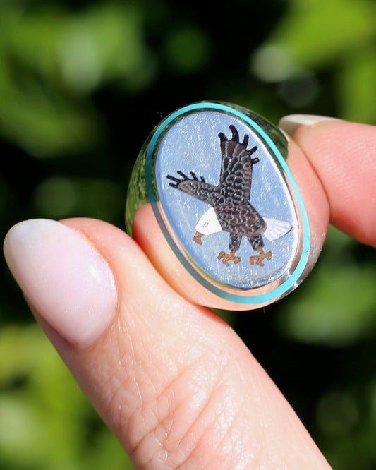 Navajo Artist Benjamin Becenti Inlaid Mother of Pearl and Turquoise Eagle Ring, Sterling Silver, size X1/2 or 11.75