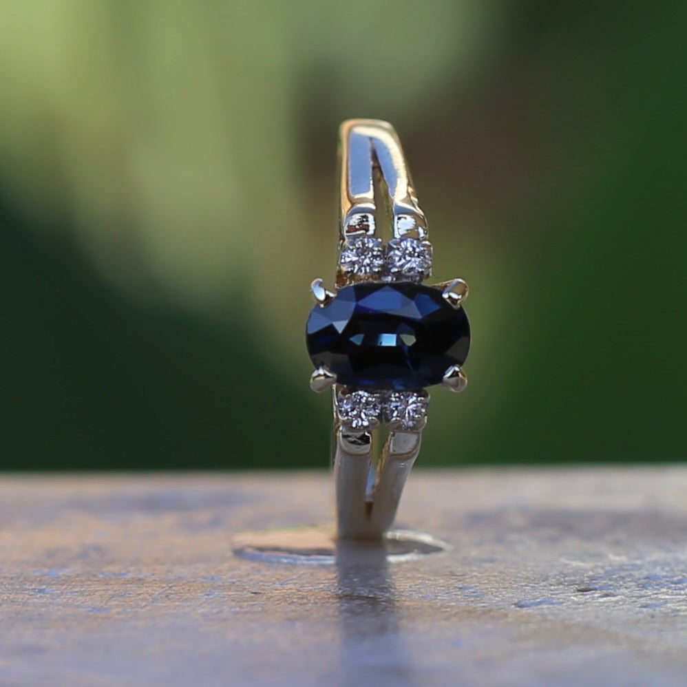 Oval Natural Blue Sapphire with Diamonds, Art Deco Feel Ring, 14ct Yellow Gold, size N or 6.75