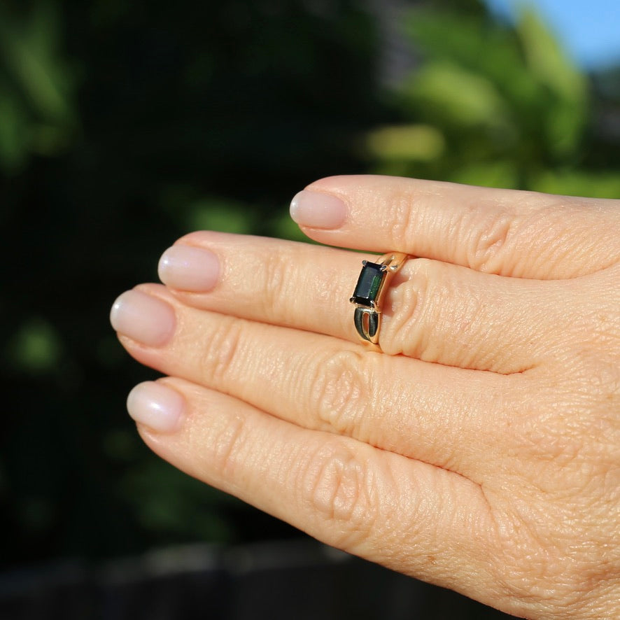 East West Set Emerald Cut Dark Green Natural Tourmaline Ring, 9ct Yellow Gold, size L or 5.75