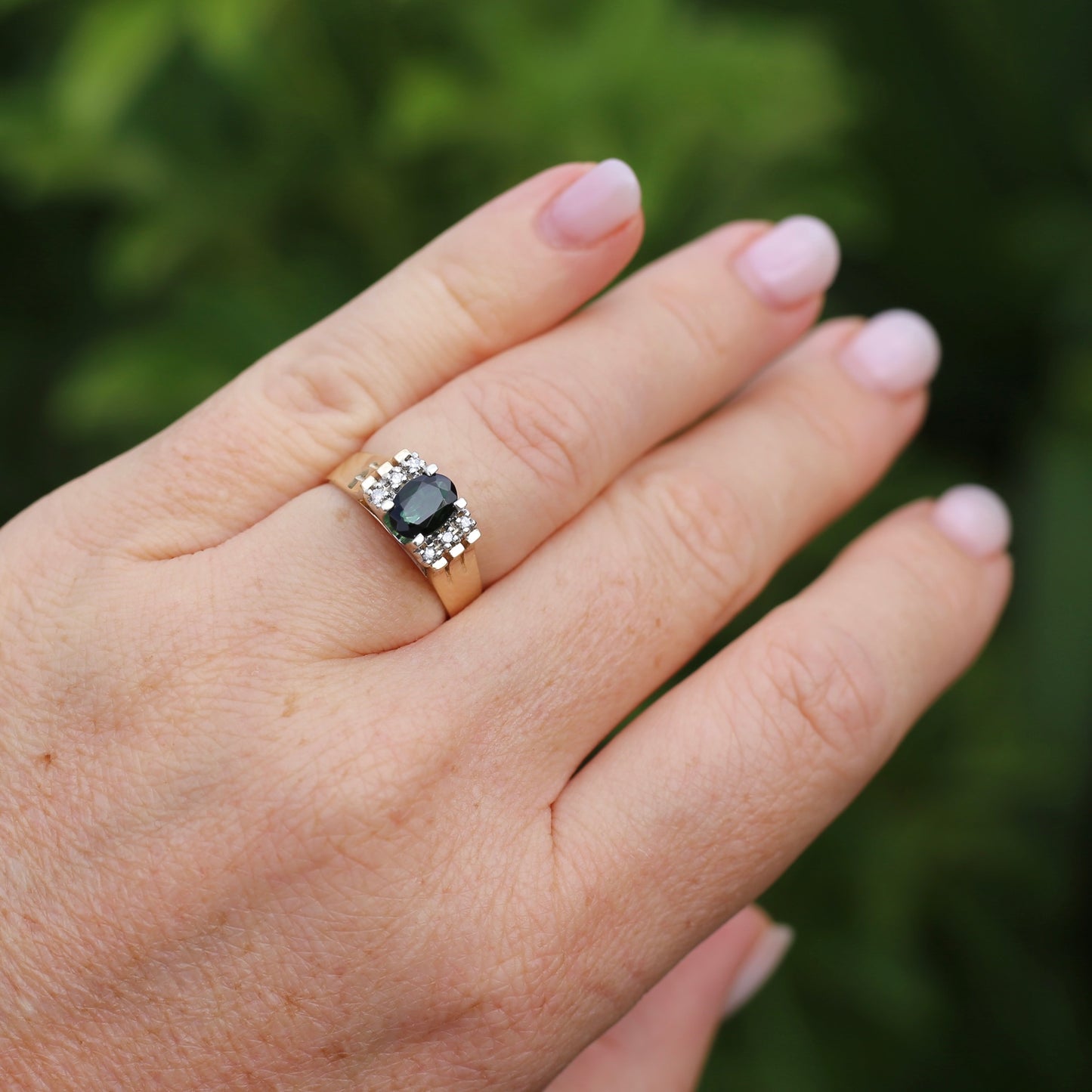 0.95ct Green Tourmaline and Diamond High Set Ring, 9ct White and Yellow Gold, size O or just over 7