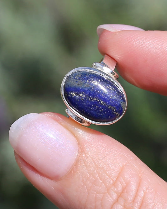 Lapis Cabochon in Silver Bezel Setting, Sterling Silver, size P1/2 or just under 8, 4.9g
