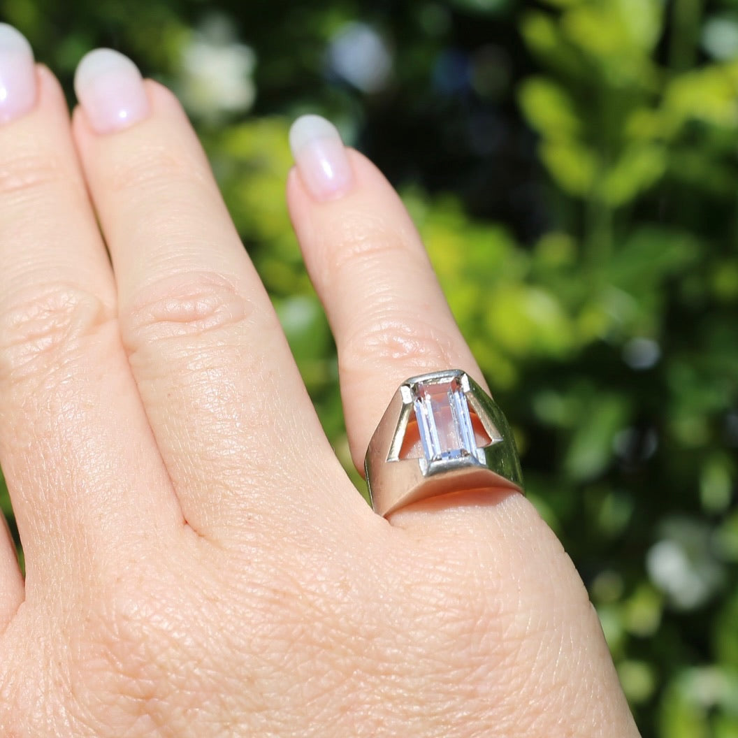 Mid Century Semi Bezel Set Emerald Cut White Spinel, Sterling Silver, size L or 5.75