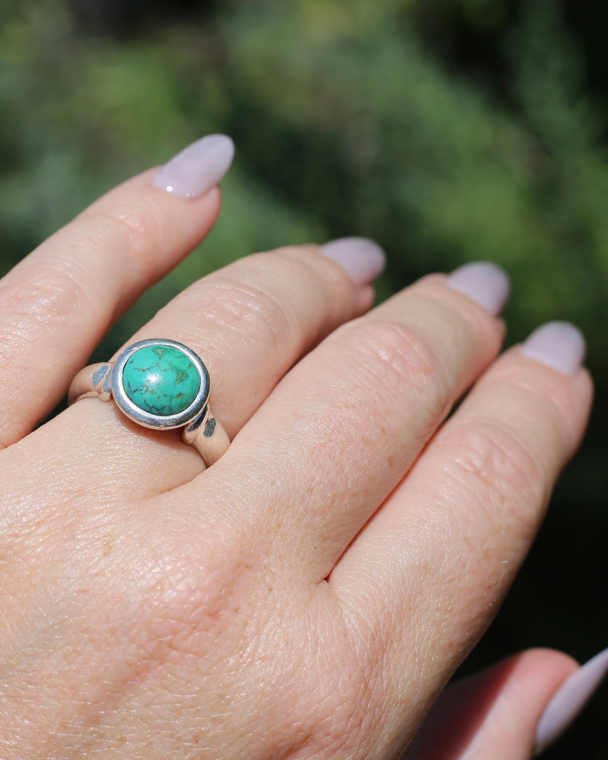 Natural Turquoise Cabochon Bezel Set Ring, Sterling Silver, size Q or just over 8, 7.3g