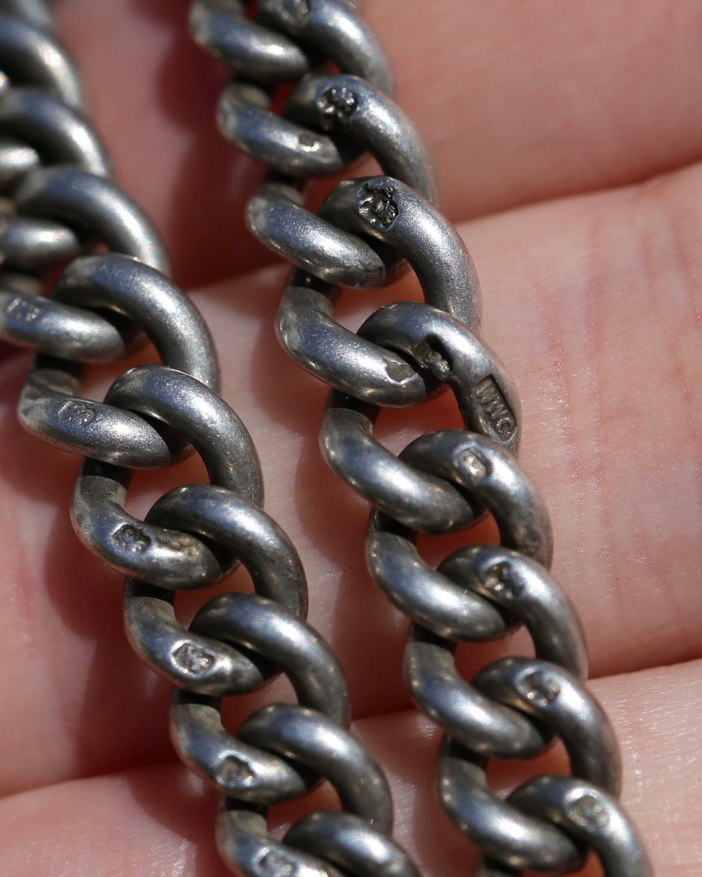 Antique 1920 Birmingham Made Double Graduated Watch Chain, Sterling Silver (and Rose Gold Face) T-Bar and Fob, 38.5cm, 53g