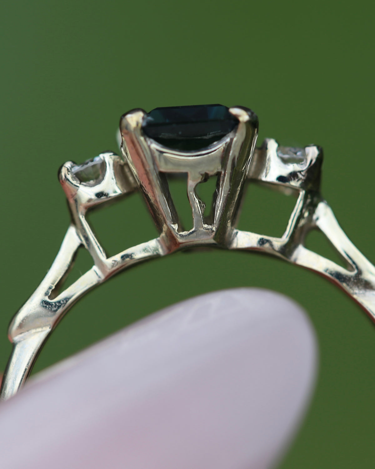 1.1ct Emerald Cut Natural Blue Teal Sapphire and Diamond Trilogy, 18ct White Gold and Platinum, size O or just over 7, 2.27g
