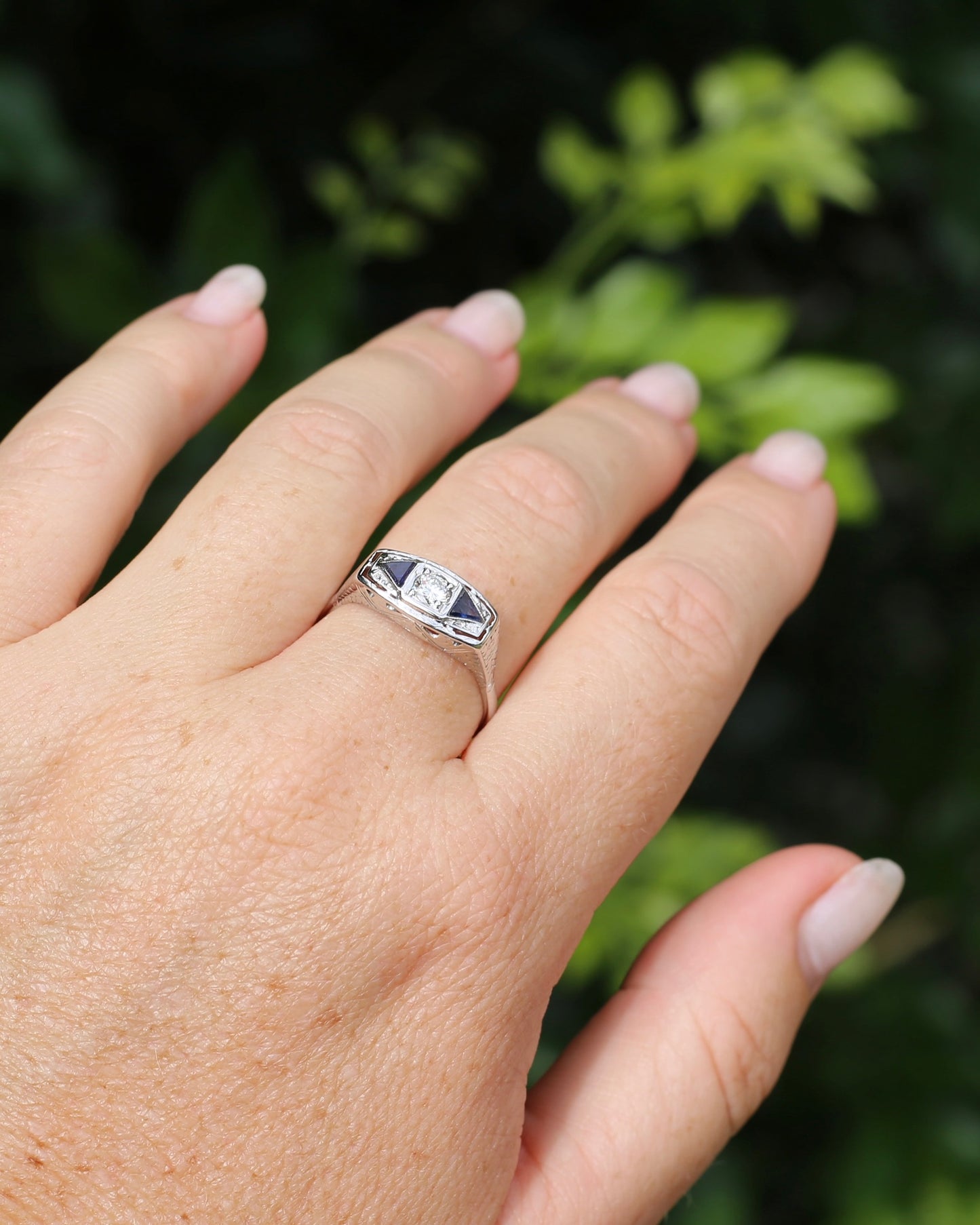 Art Deco Diamond and Sapphire Trilogy in Raised Handmade Engraved Floral Setting, 14ct White Gold, size U or 10 - offering free resize down to 7 or O, with valuation