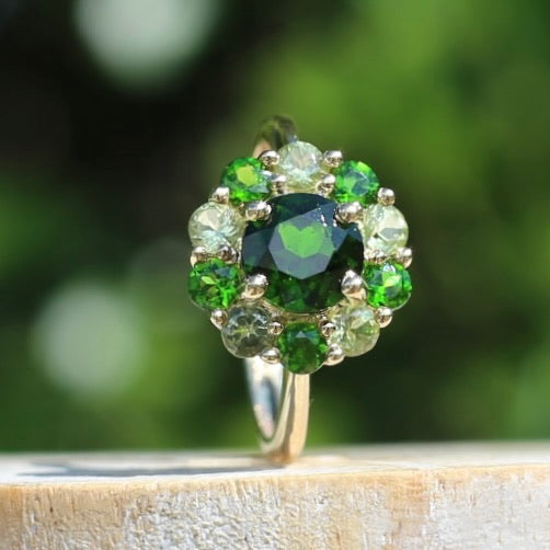 Chrome Diopside and Green Garnet Daisy Cluster Ring, 9ct Yellow Gold, size N1/2 or 7