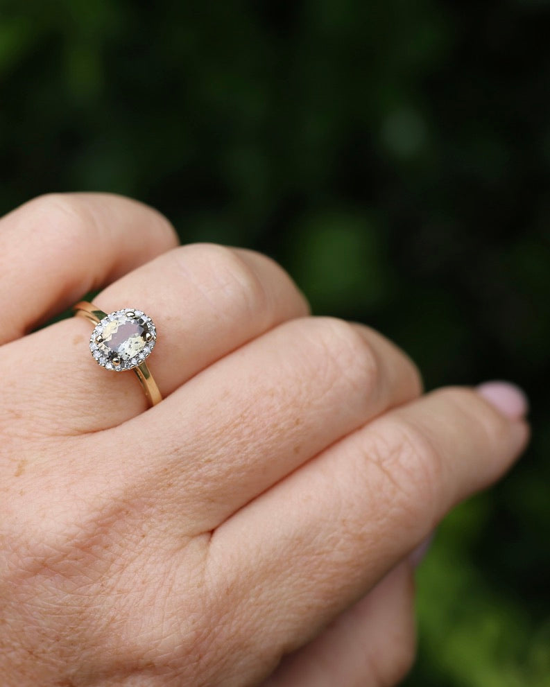 1.2ct Unheated Natural Golden Tanzanite in Diamond Halo, 10ct Yellow Gold, size O1/2 or just over 7.25, 3.0g