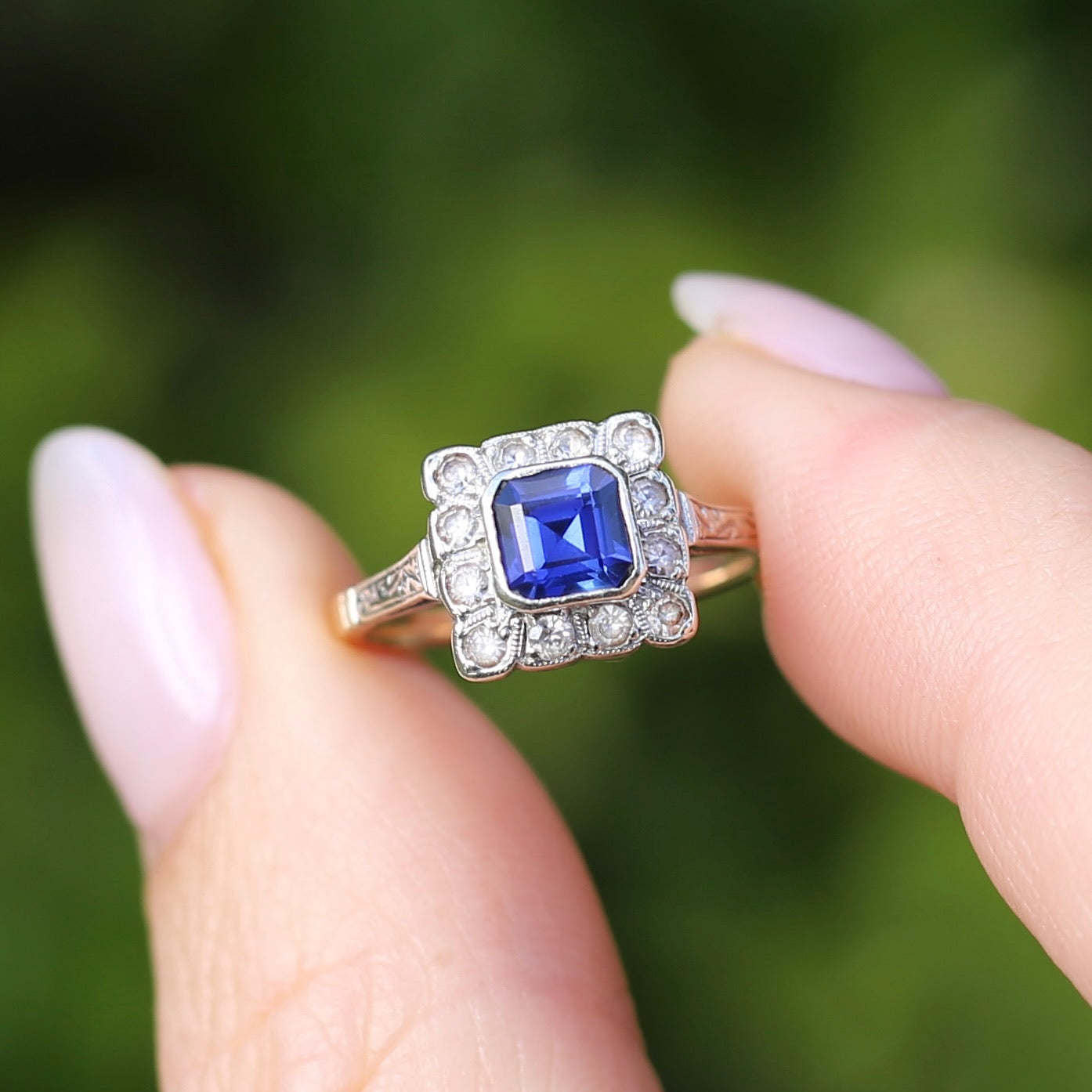 1930s Mixed Metal, Sapphire and White Spinel Halo Ring, 9ct Yellow and White Gold, size J1/2 or 5