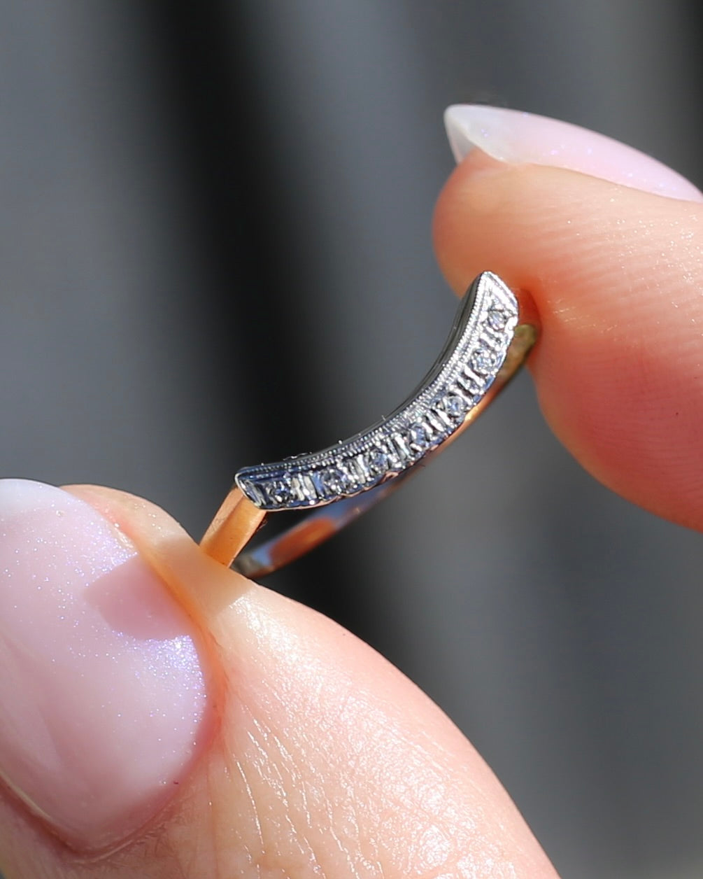 Vintique 7 Stone Single Cut Diamond & Milgrain Curved Stacker Ring, 14ct Yellow and White Gold, size P or just over 7.5, 1.49g