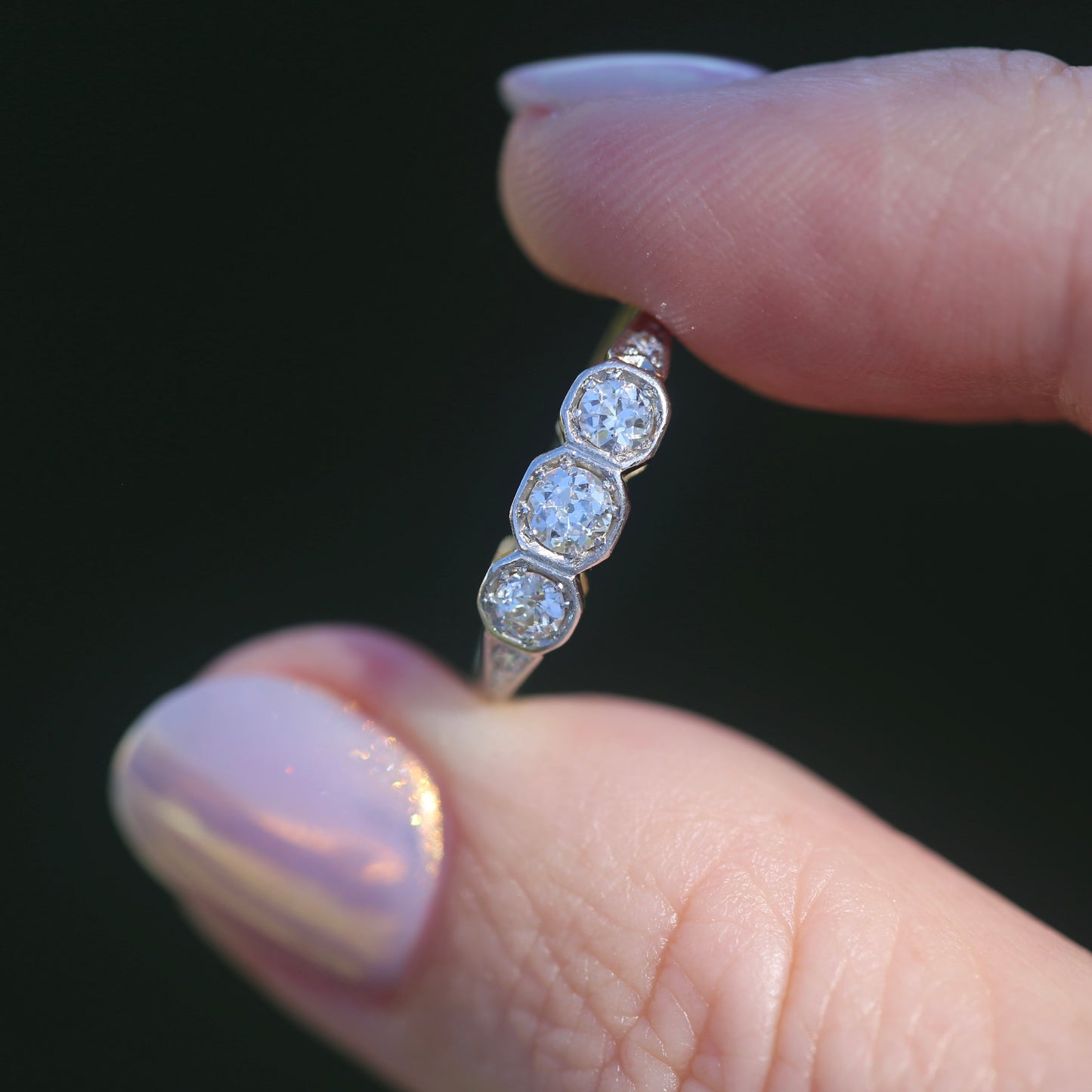 1930s Old and Transitional Cut Diamond Trilogy, 18ct Yellow and White Gold, size N or 6.75