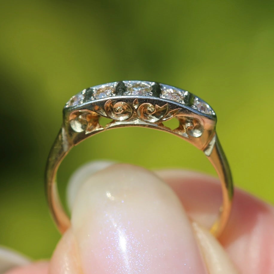 1930s Old Cut 5 Stone Diamond Ring, Platinum and 18ct Yellow Gold, size L or 5.75