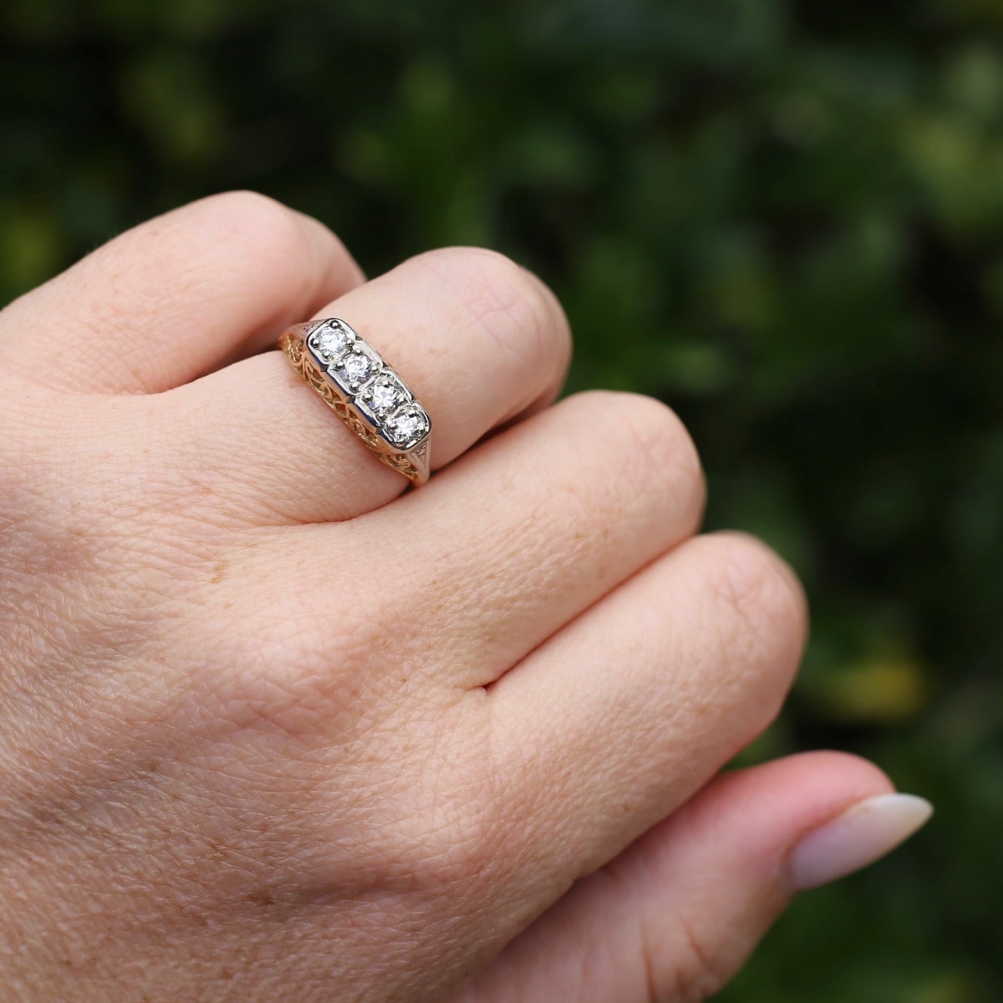 Circa 1915 4 Stone Transitional Cut Diamond Mixed Metal Ring, 18ct Yellow & White Gold, size N1/2 or 7, with valuation