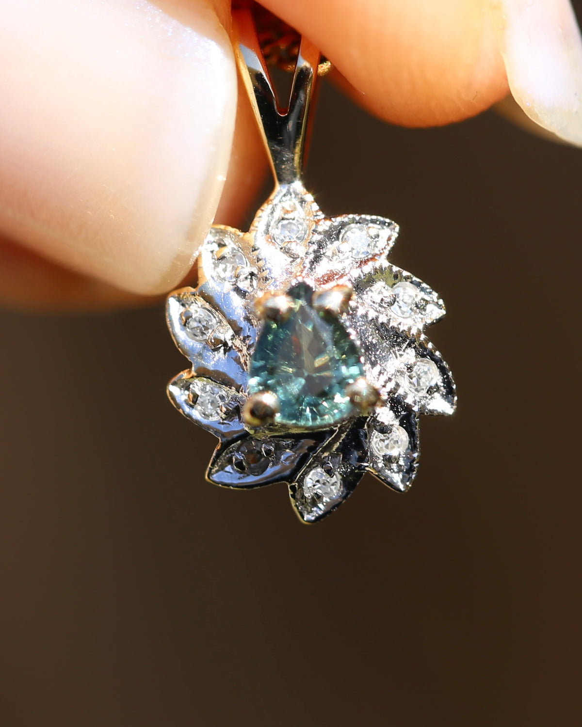0.3ct Natural Green Parti and Natural Illusion Set Diamond Leaf Halo Pendant, 9ct Yellow Gold, 0.72g
