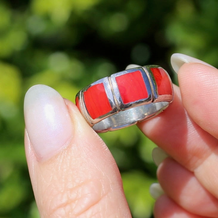 Red Square Resin Silver Ring, Size R1/2 or 8.75 (fits more like a P1/2)