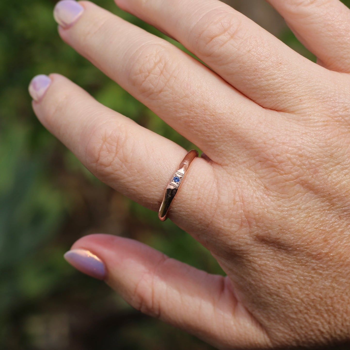 Rustic Handmade Rose Gold Ring with Blue Spinel, 9ct Rose Gold, size T or 9.5