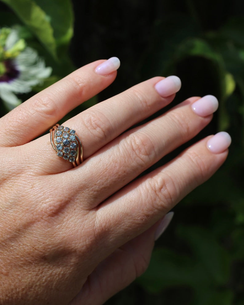 Pale Blue Parti Sapphire Bypass Cluster Ring, 9ct Yellow Gold, size P1/2 or 7.75, 2.75g