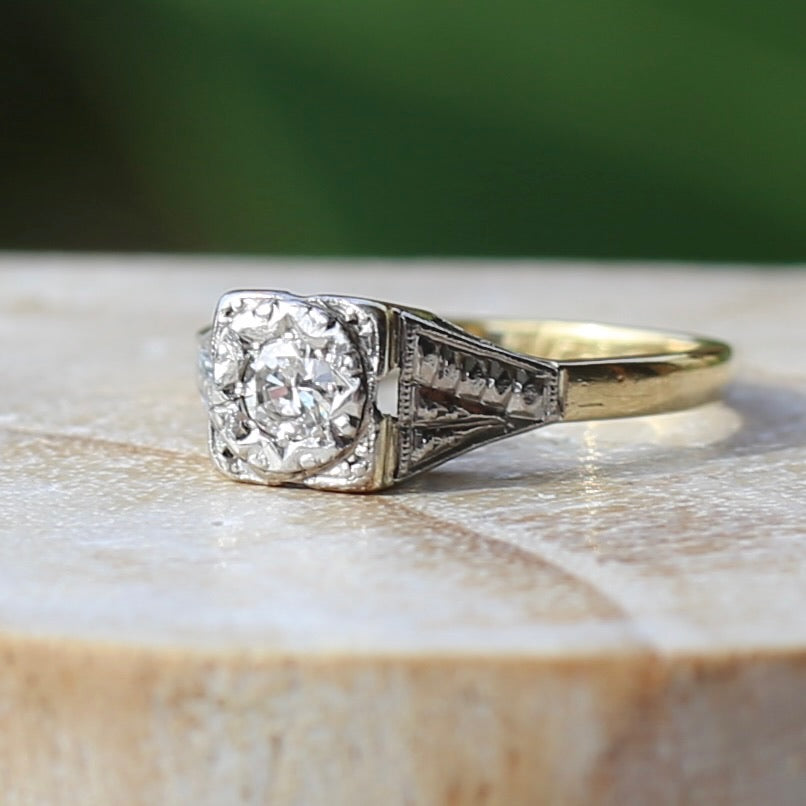 1930s Art Deco Inspired Platinum and 18ct Gold Solitaire Ring, size N or almost 6.75