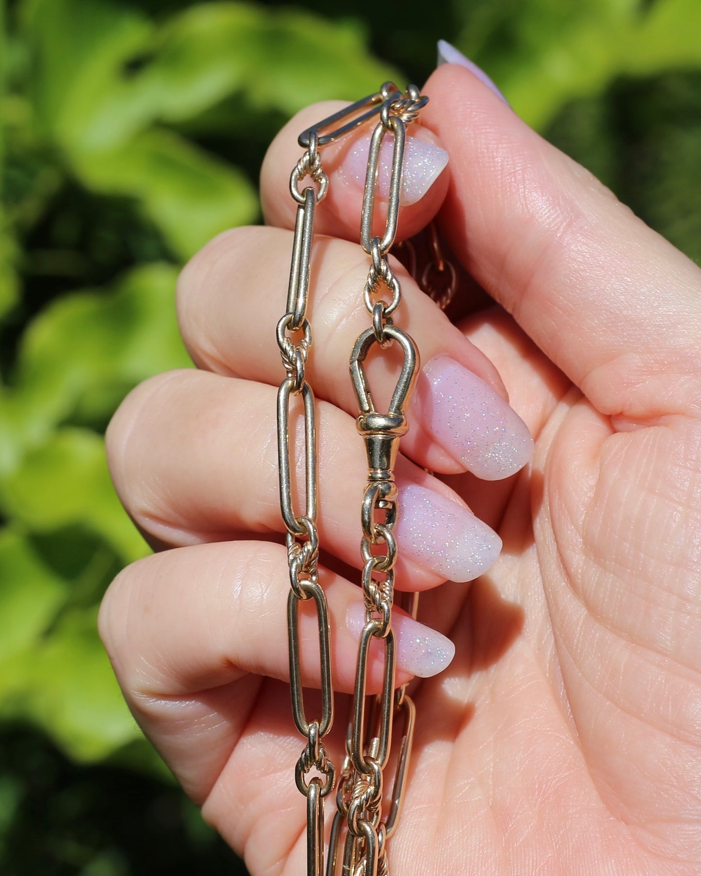 Vintique Trombone and Love Link Chain Single Albert Clasp, 9ct Gold, 51cm or 20 inches, 22.5g