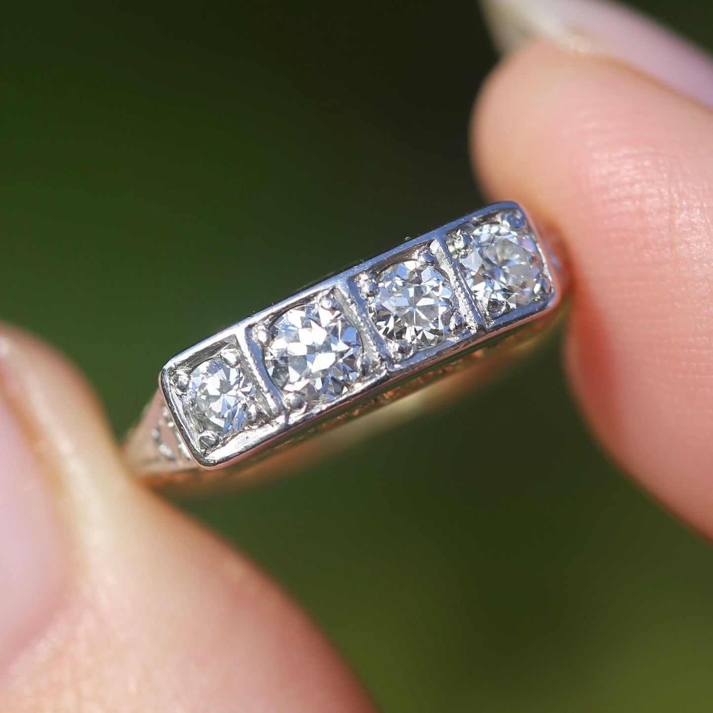 1930s 4 Stone Transitional Cut Diamond Mixed Metal Ring, 18ct Yellow Gold & Platinum, size M or just bigger than 6