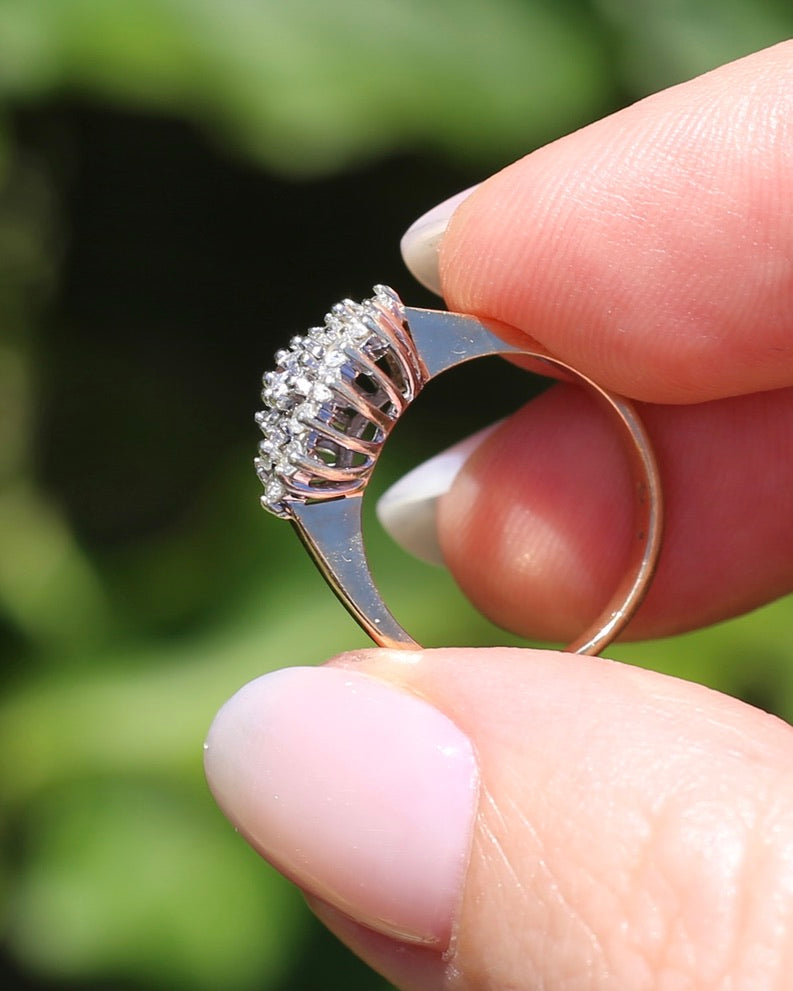 1991 London Made Diamond Cluster Ring, 9ct Yellow and White Gold, size J or 4.75, 2.2g