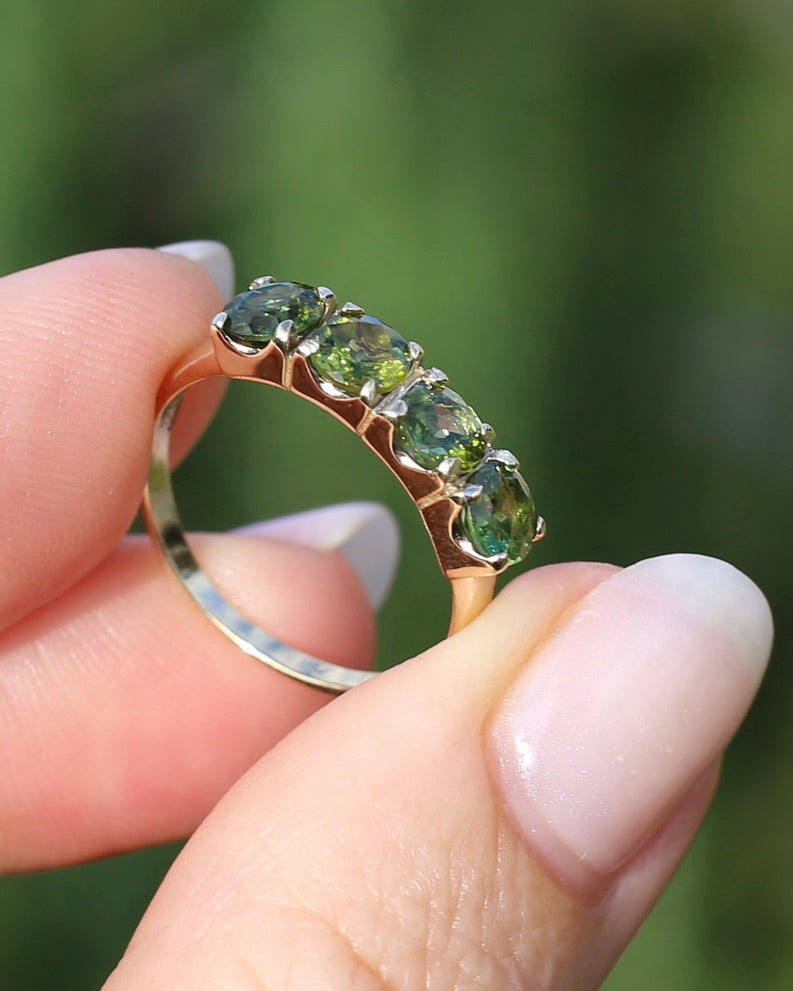 1.75ct Four Stone Natural Green Tourmaline Ring, 9ct Yellow Gold, size N1/2 or just over 6.75, 2.37g
