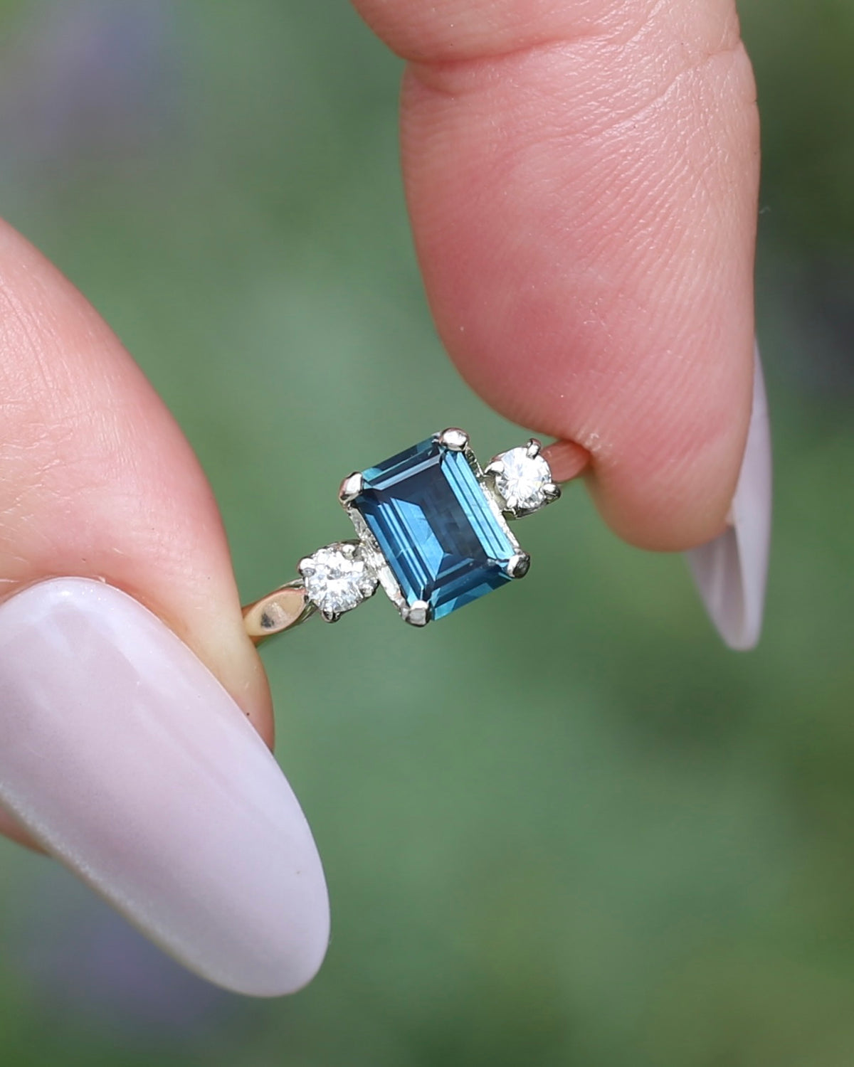 1.1ct Emerald Cut Natural Blue Teal Sapphire and Diamond Trilogy, 18ct White Gold and Platinum, size O or just over 7, 2.27g
