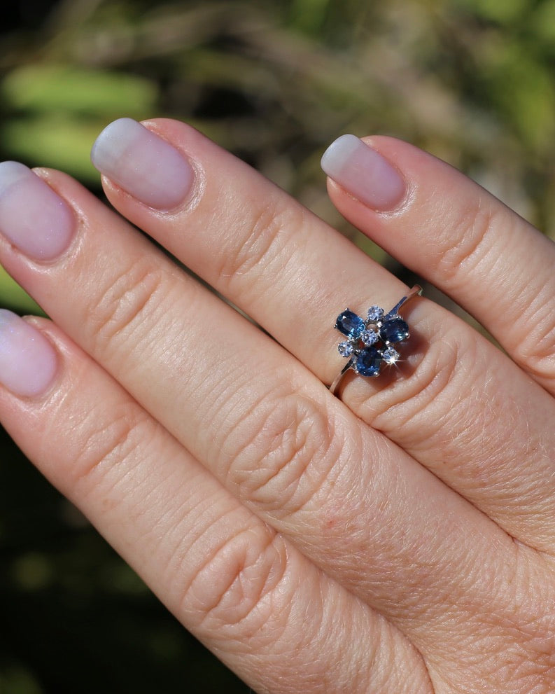 Vintage Parti Sapphire and White Quartz Cluster Ring, 9ct White Gold, size M or just over 6, 1.7g