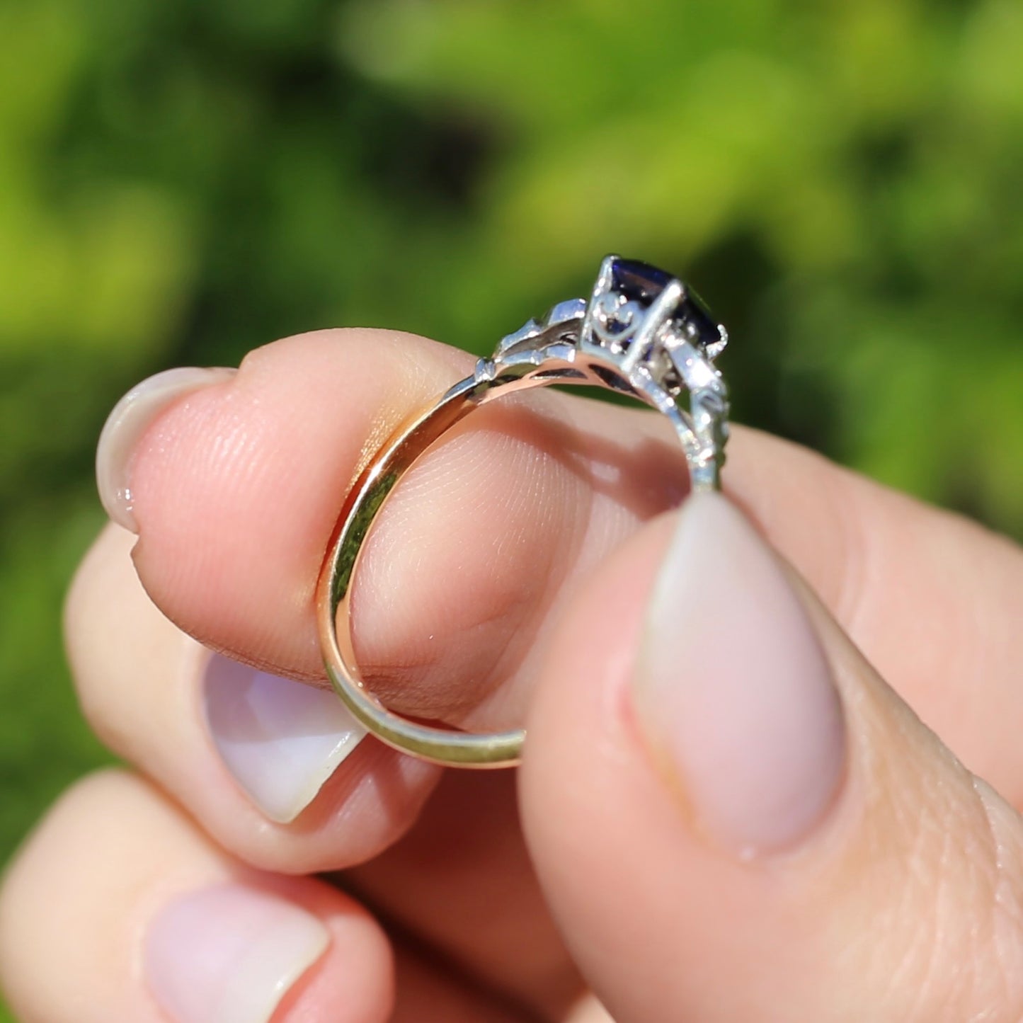 1930s Square Emerald Cut Blue Sapphire, 18ct Yellow and White Gold, size Q1/2 or just over 8.25