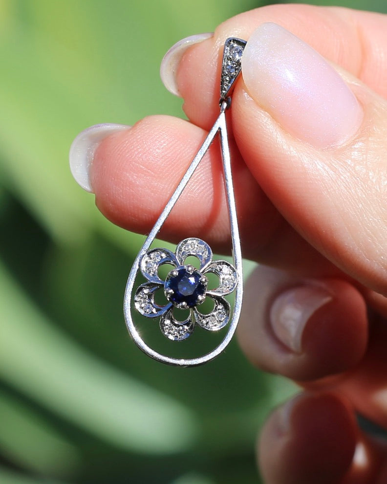 Vintage Natural Sapphire and Diamond Pendant, 18ct White Gold, 2.64g