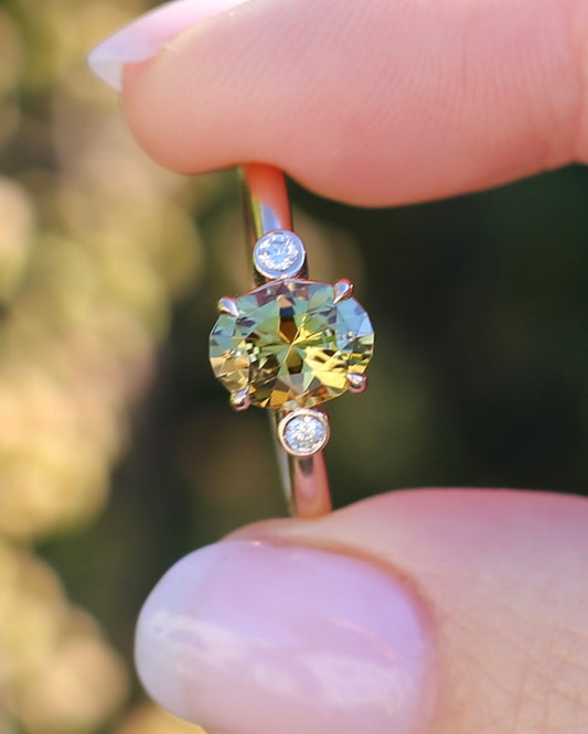 1.57ct Natural Golden Tanzanite Zoisite and Diamond Trilogy Ring, 14ct Rose Gold, size 8.75 or just over R, 3.3g, with valuation