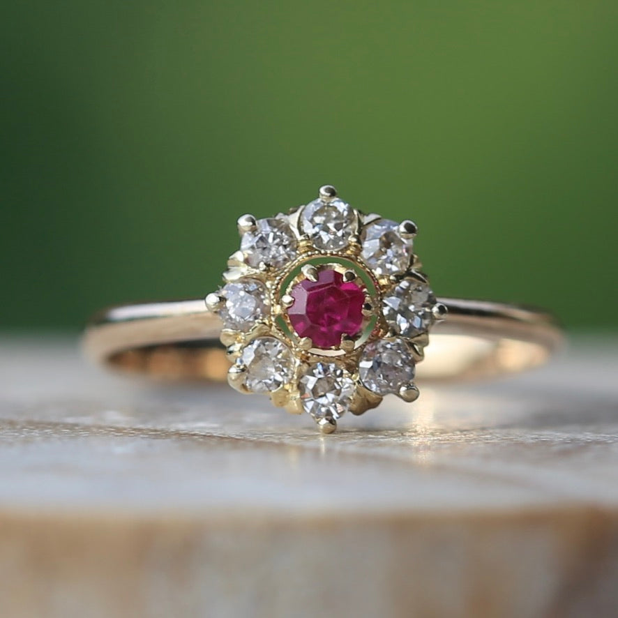 Antique Ruby and Old Cut Diamond Cluster, 15ct Yellow Gold, size O or 7.25 with valuation