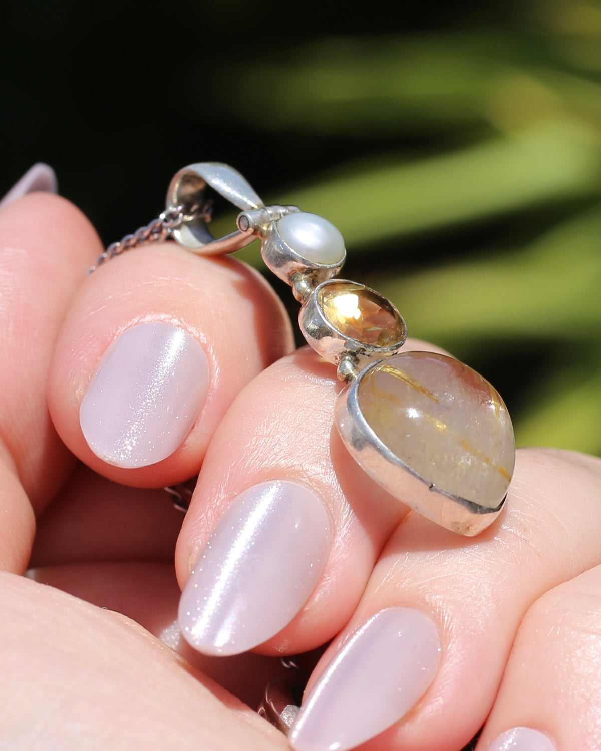 Freshwater Pearl, Citrine and Rutilated Quartz Cabochon Pendant, Sterling Silver, 6.0g