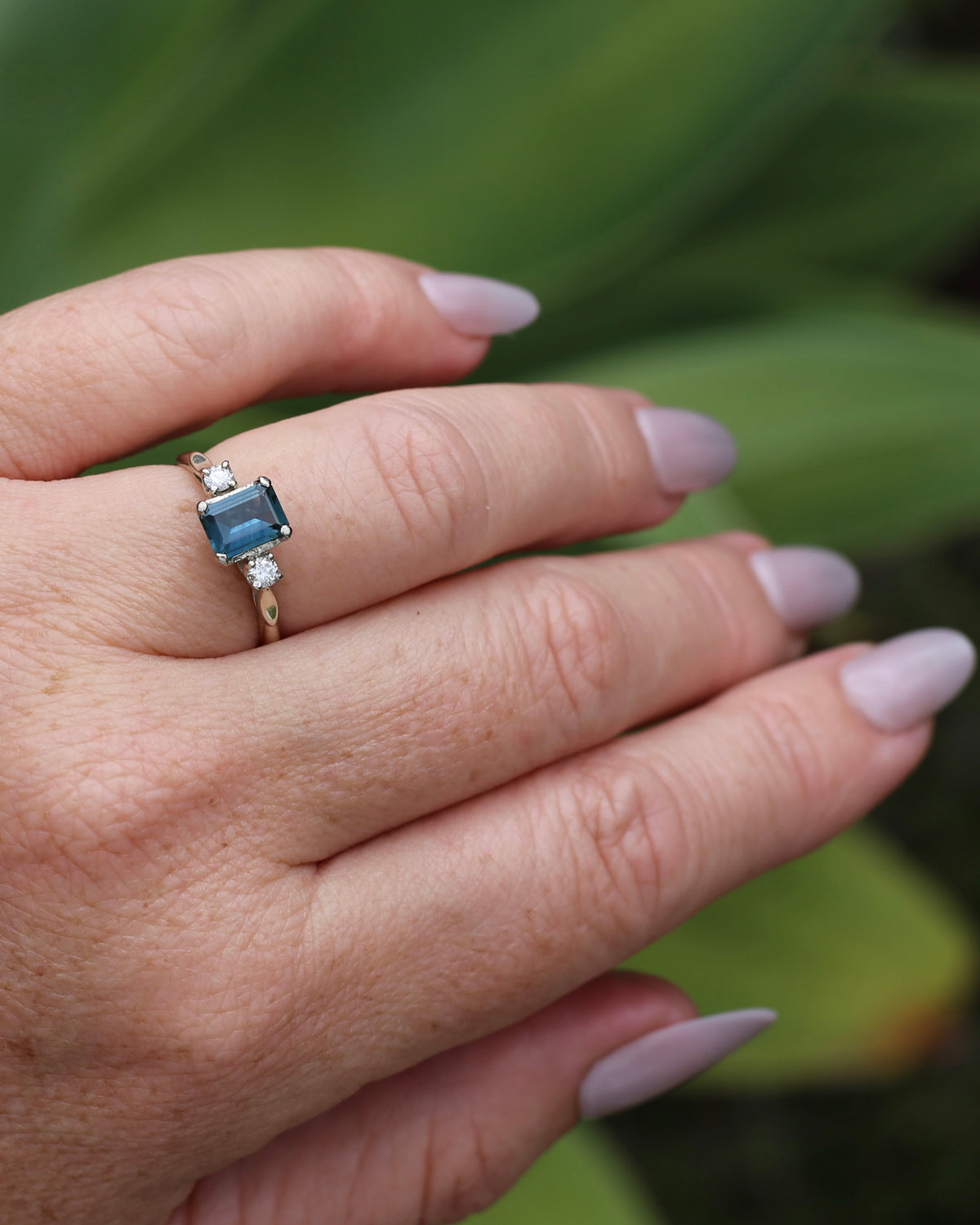 1.1ct Emerald Cut Natural Blue Teal Sapphire and Diamond Trilogy, 18ct White Gold and Platinum, size O or just over 7, 2.27g