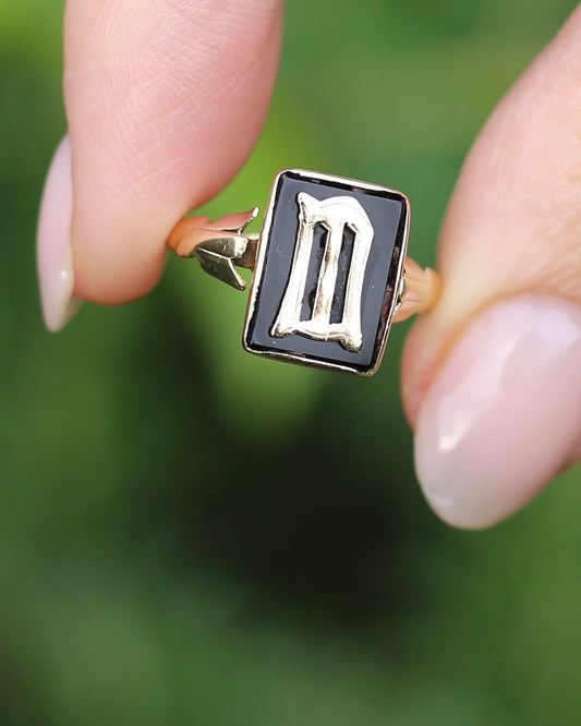 "W/M" Vintage Onyx and 9ct Yellow Gold Signet Ring, 9ct Yellow Gold, size N or 6.75