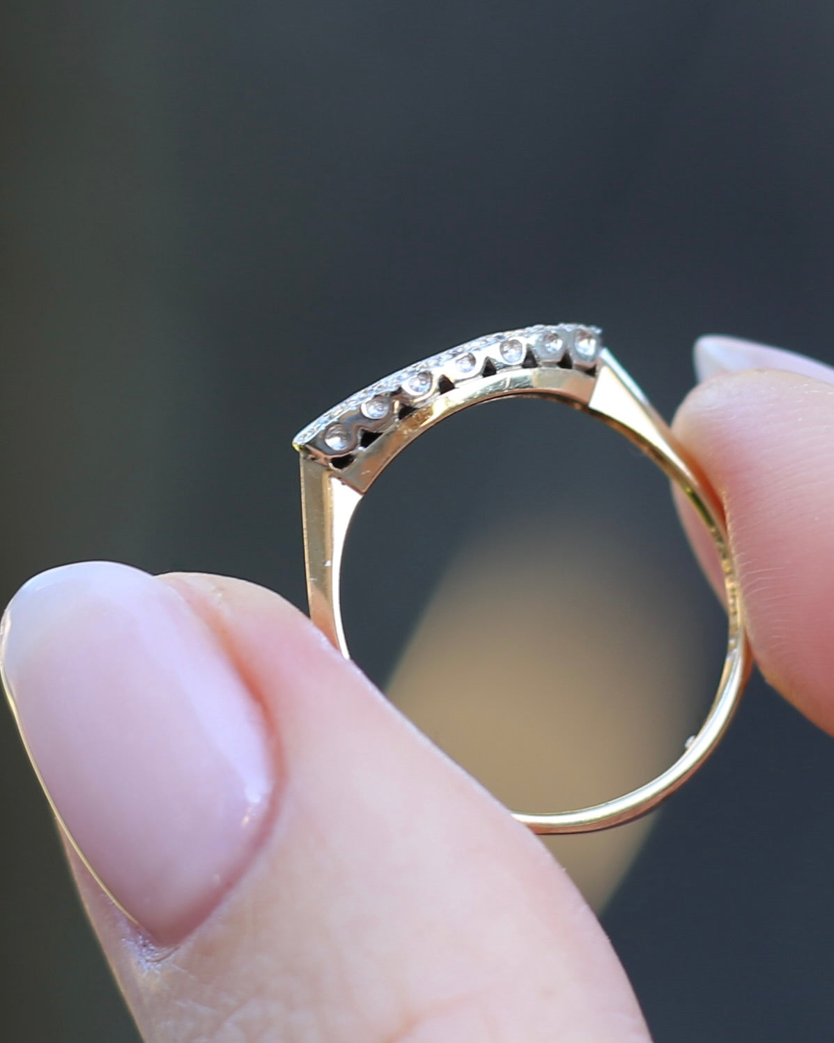 Vintique 7 Stone Single Cut Diamond & Milgrain Curved Stacker Ring, 14ct Yellow and White Gold, size P or just over 7.5, 1.49g