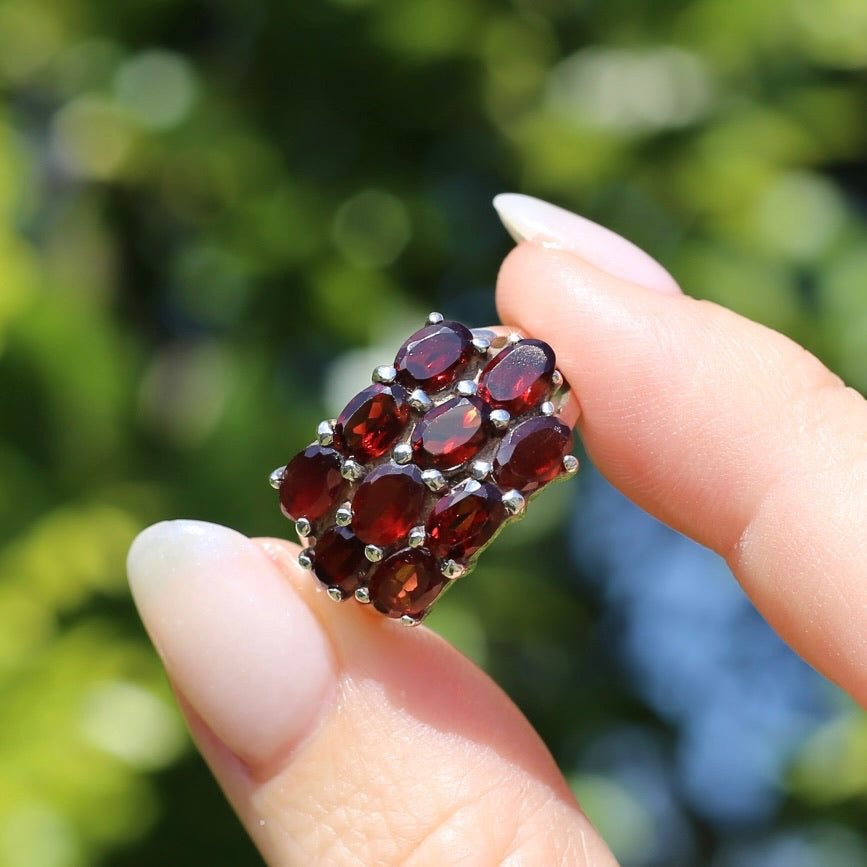 10 x Garnet Multi Stone East West Set Ring, Sterling Silver, size M1/2 or 6.5