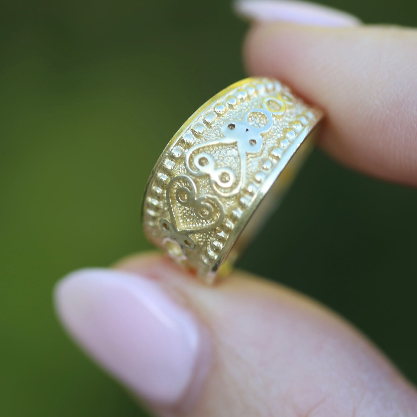 Chunky Embossed Decorative Wide Gold Ring, 14ct Yellow Gold, size N1/2 or 7