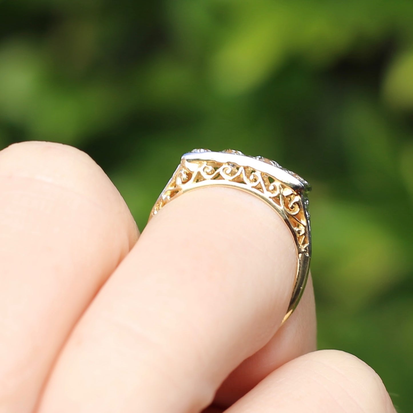 1930s 4 Stone Transitional Cut Diamond Mixed Metal Ring, 18ct Yellow Gold & Platinum, size M or just bigger than 6